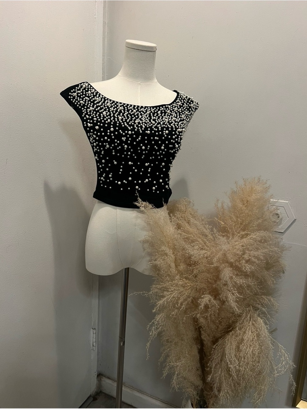 Miu Miu Black Pearl-Studded Cap Sleeve Crop Top